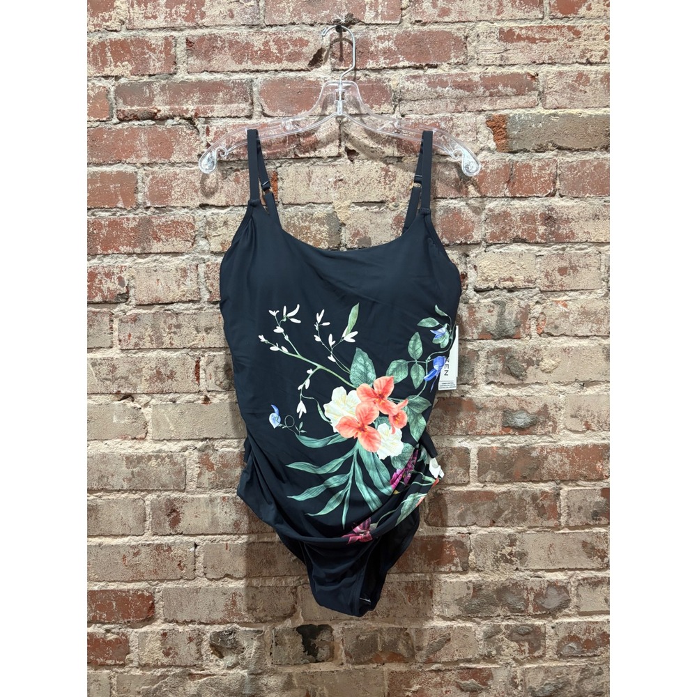 NEW Jantzen Floral Tummy Control One Piece Swimsuit Black Size 16 JZ24744M